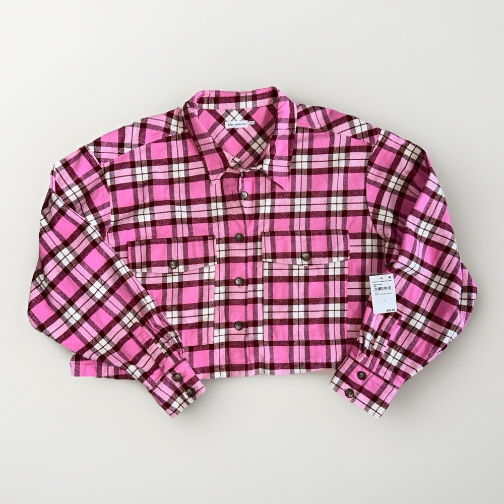 Good American Plaid Flannel Shacket‎ 5 2XL Pink Button Front NWT Anthropologie